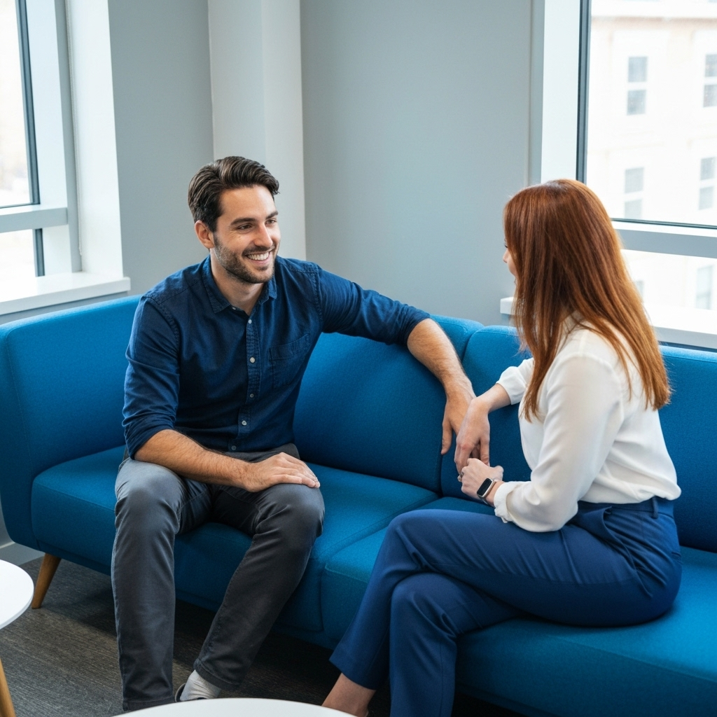 Colleagues on blue couch