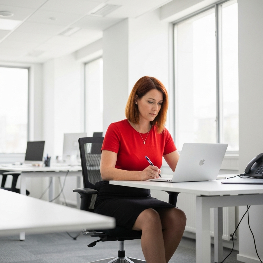 Woman in red shirt working